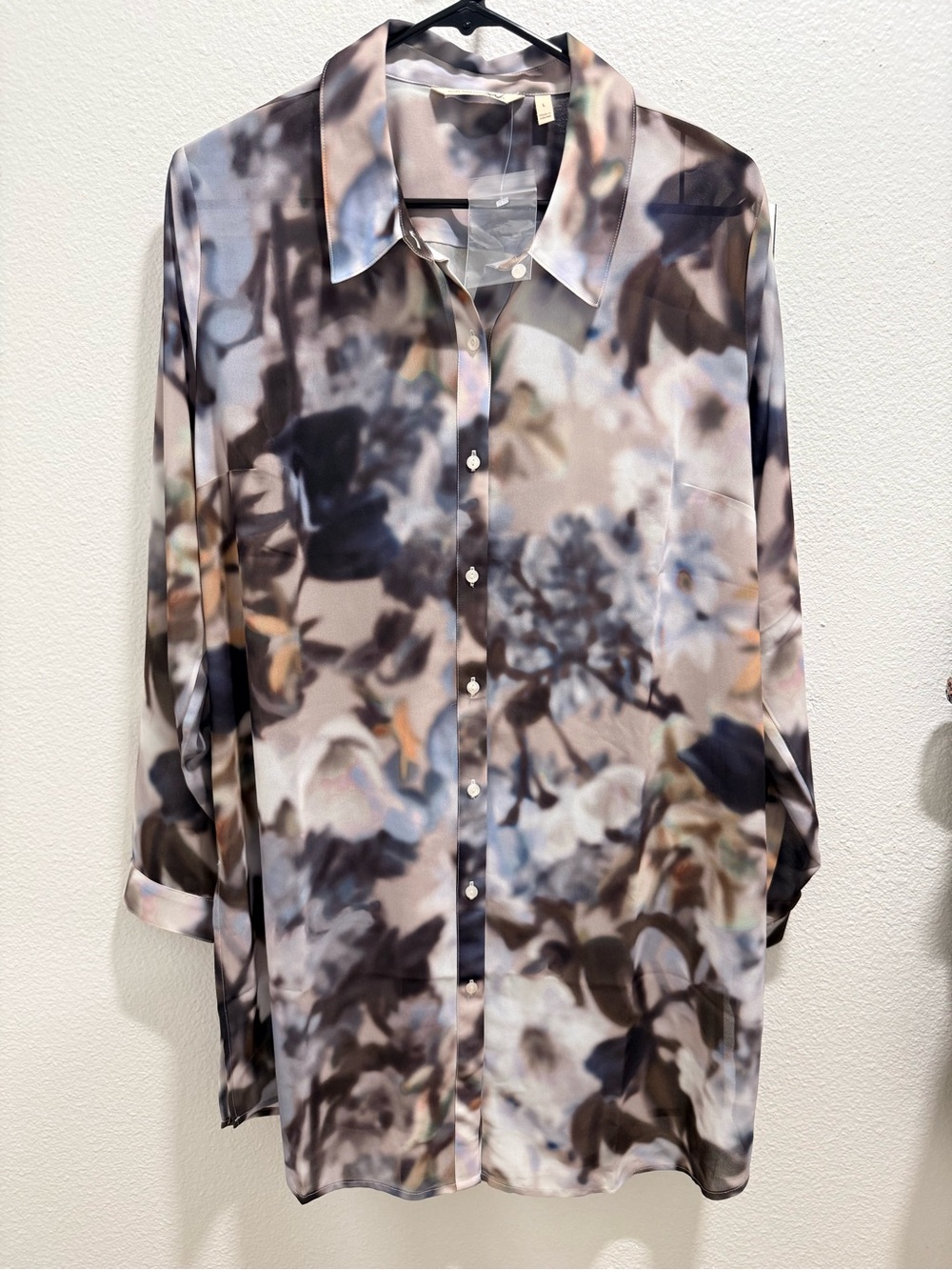 Soft Surroundings Floral Satin Button-Up Blouse in Blue, Brown, Cream